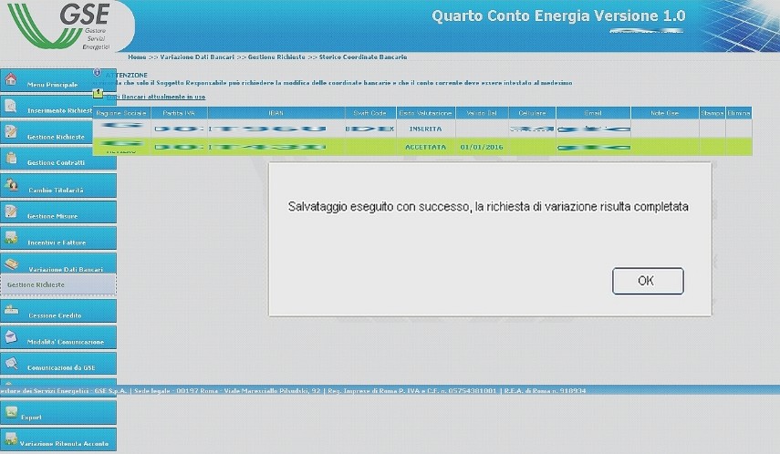 conferma del cambio dati bancari al gse impianto fotovoltaico