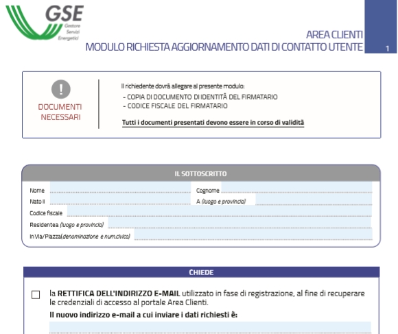modulo gse aggiornamento credenziali cambio e recupero accesso portale gse