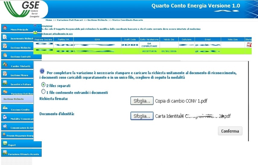 variazione dei dati bancari al gse